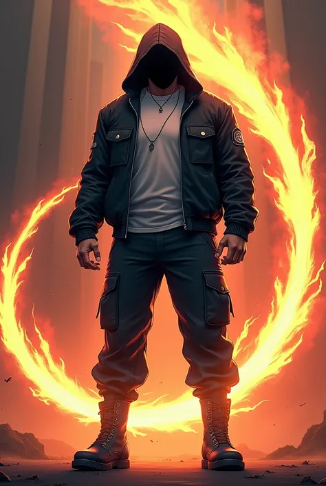  Robust and muscular warrior with hooded powers with a black jacket and white shirt, cargo pants and military boots with a huge fiery whip anime version 