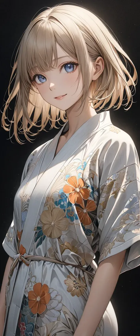  Beautiful charming young anime girl dynamic full body photo , Beige Hair Woman Wearing a Windproof Yukata(  perfect anatomy )  Face Side Close-up .  Detailed Face .  realistic eyes .  Face and Eyes Very Fine .  thin skin .、 thin skin  texture smile, Japan...