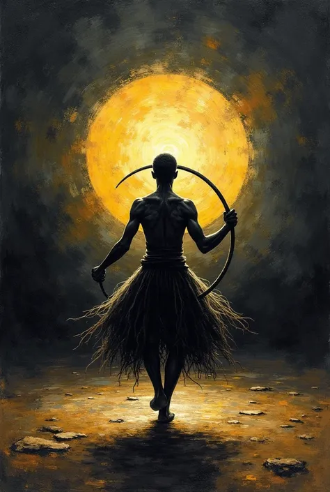 Impressionist art, A capoeira circle seen from afar, with berimbau, Shades of black, gold and white, bold lines, highly detailed, melancholic nocturnal, epic, beautiful, night, low light and many shadows, Claude Monet style