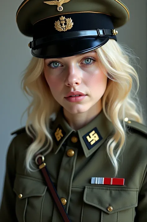  Beautiful blonde girl , cap with coat of arms ,  blue eyes, incredible face ,  dressed in the German military uniform of the Second World War, with the name Michelle Franco ,  written on the left chest .