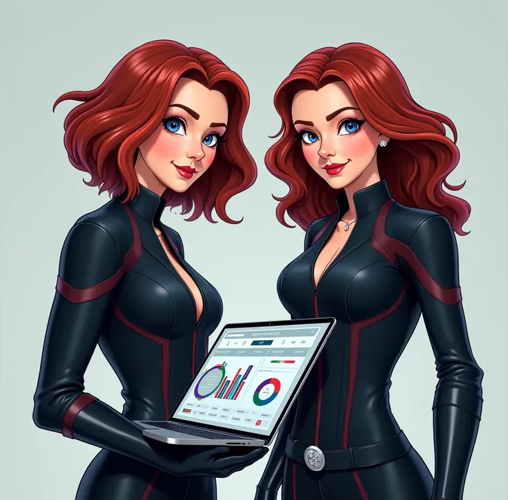 in this image has 2 people: Designer has laptop in her hand show dashboard graph chart and Black Widow standing together focus on camera 