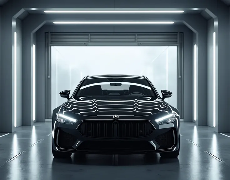 A black car parked in front of an indoor high-tech car wash with its front facing forward against a gray wall in the background