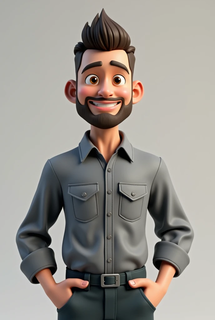 animated 3d image man does not have a beard short hair with long sleeve gray work shirt