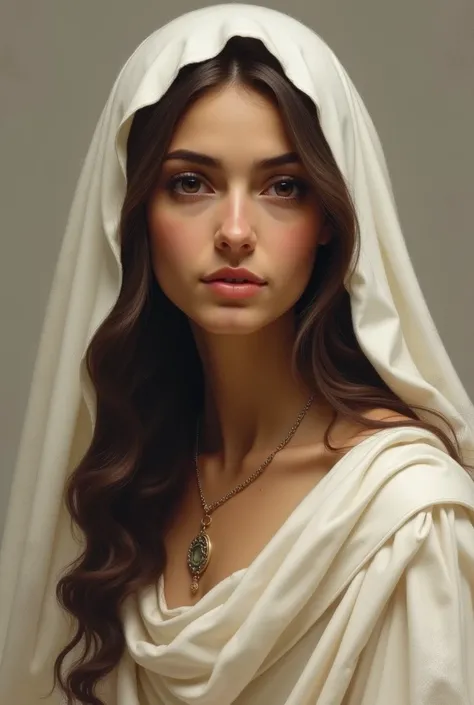 maria, Mother of Jesus Christ ,  with a white veil over the head and with characteristics typical of its time and culture: light brown skin ,  long wavy hair,  brown or black skin ,  and dark brown eyes , humble look .  His physiognomy probably reflected t...