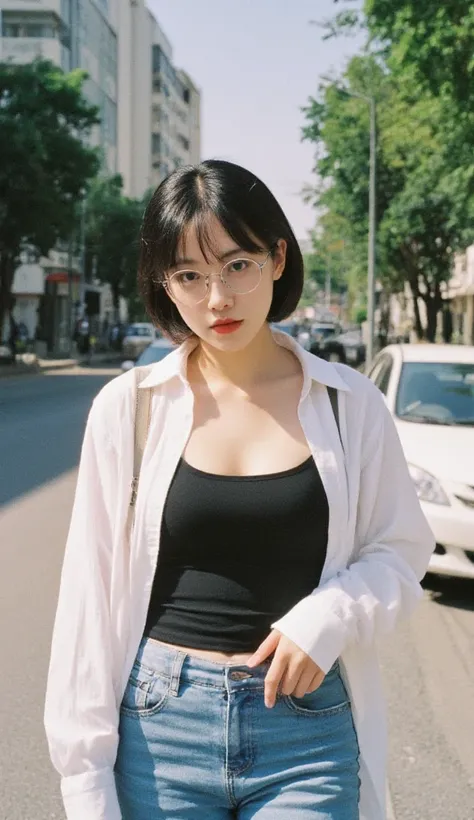 A beautiful girl is walking on the street, wearing a tight shirt, jean, short hair, glasses