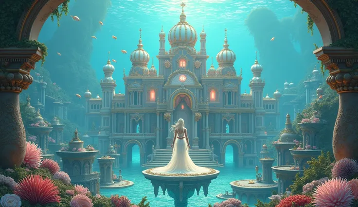 Mermaid royal palace and the mermaid city pastel colors, steam punk aesthetic