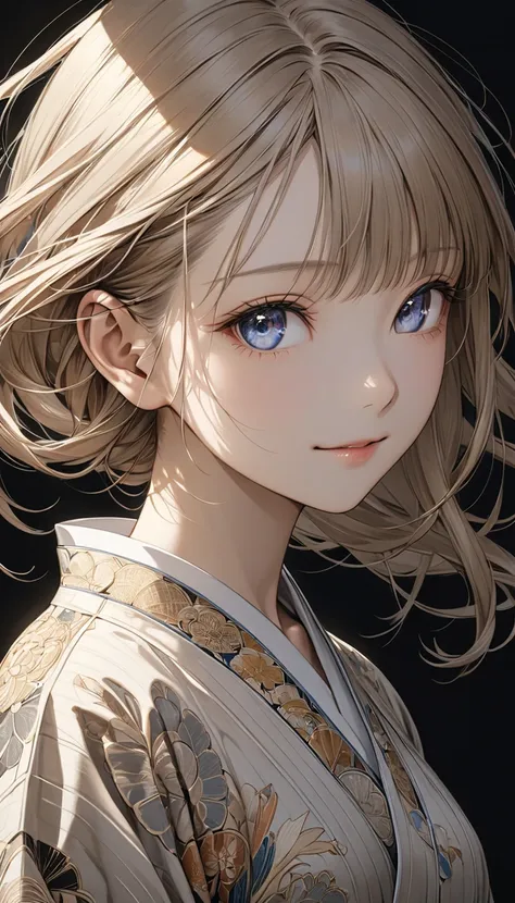  Beautiful charming young anime girl dynamic full body photo , Beige Long Hair Woman Wearing Japanese Yukata(  perfect anatomy )  Face Side Close-up .  Detailed Face .  realistic eyes .  Face and Eyes Very Fine .  thin skin .、 thin skin  texture smile, Jap...