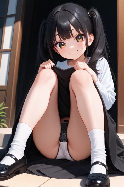 Female 1,(((Black patterned panties ))), white panties, pretty girl,, black hair, long hair, Twin Tails ,(smile),sit, expand your legs, Long Skirt, holding white socks ,8k, high image quality, high definition 