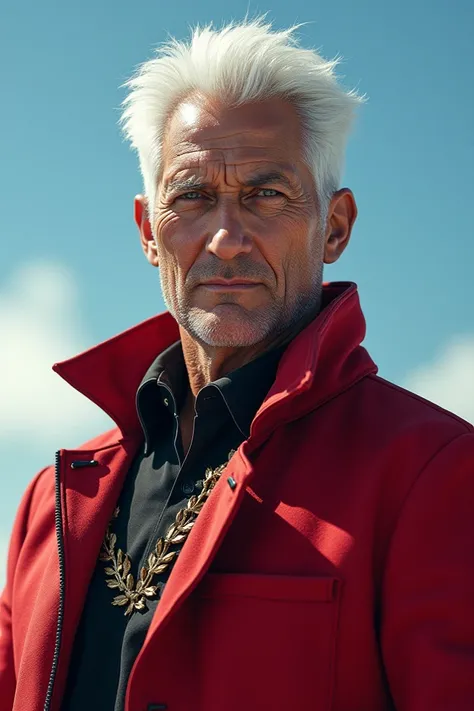 Photo that has a personality and that reflects the name of Crimson GP saying that he is Crimson the real one and that the character is not real and not animated that his hair is white and not so warm clothes and that the background is sky colored