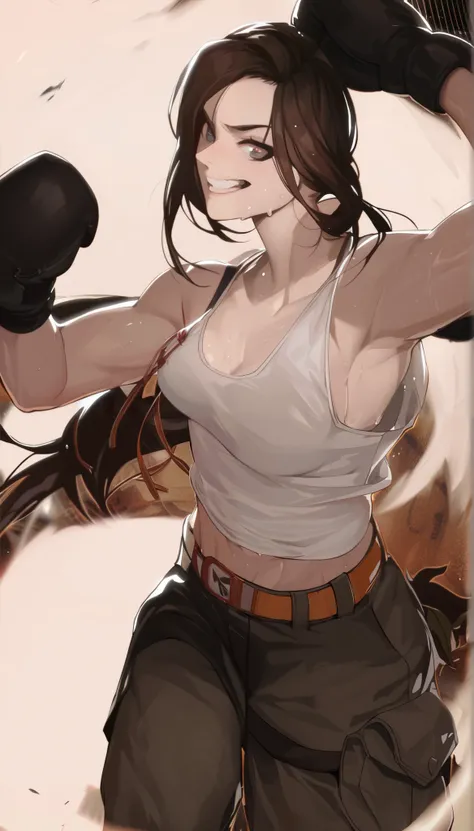 black hair,masterpiece,best quality,highres,ultra-detailed,aashizue,long hair,cargo pants,(tank top:1.2), boxing gloves,cleavage,toned, sweating, (sleeveless:1.4),cowboy shot,