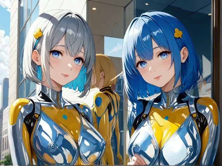 (Multiple girls),(最High image quality, 8k, masterpiece:1.3), (24 years old:1.5), (Grey Hair), ( bob cut ), (Oblique sky blue eyes), ((full-body rubber suit、blue、yellow line、The line from the base of the foot to the chest、no zipper 、Rubber Suit、Gloss、reflec...