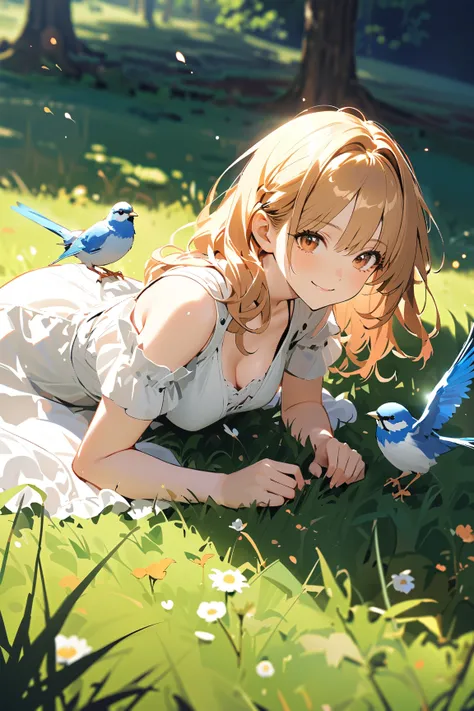 1 girl, (cute face), teenager, various hairstyles, (relaxed expression), (smiling gently), medium breasts, slim, (wearing fantasy game style casual outfit), knee length, (porcelain skin),  
BREAK  
Sunny meadow, wildflowers, (sitting on the grass:1.2), a s...