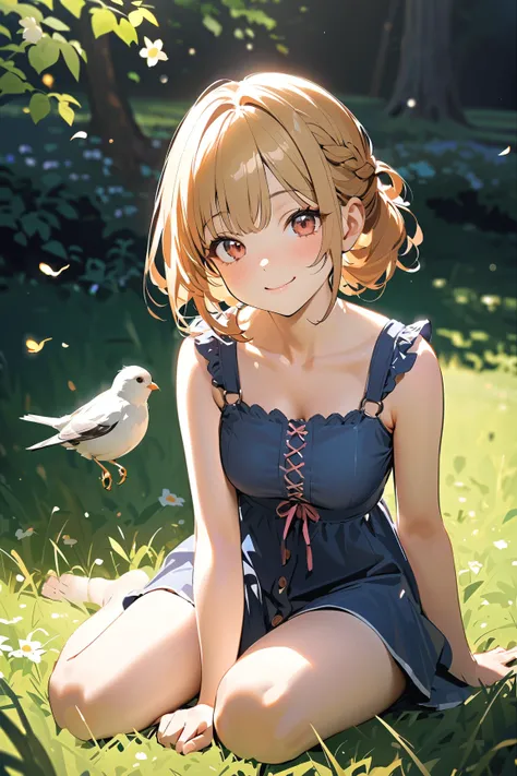 1 girl, (cute face), teenager, various hairstyles, (relaxed expression), (smiling gently), medium breasts, slim, (wearing fantasy game style casual outfit), knee length, (porcelain skin),  
BREAK  
Sunny meadow, wildflowers, (sitting on the grass:1.2), a s...