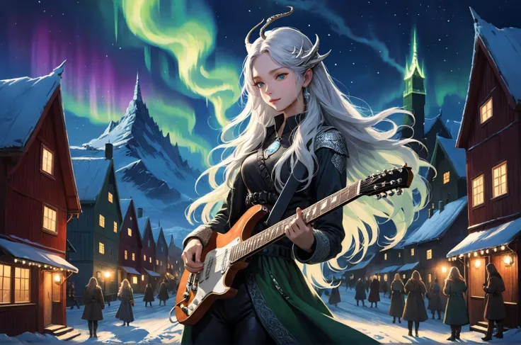  Scandinavian scenery 、 has a legendary Scandinavian dragon、Im playing a black and silver electric guitar、Long-haired woman、 handsome、nothern lights