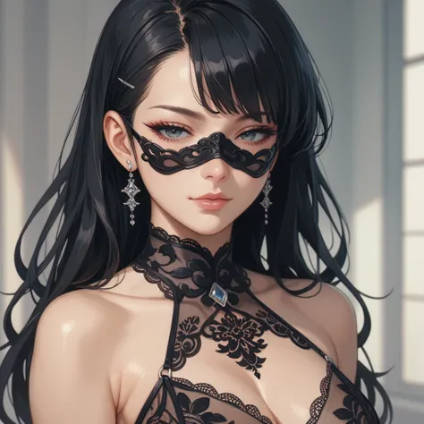 woman,  black hair, wearing half eye mask in black with transparent lace ,  anime art 