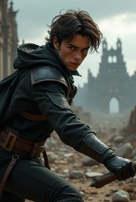 Play a character like Cardan from Cruel Prince , WITH FRECKLES, brown hair dark brown eyes and black war fighting costumes 