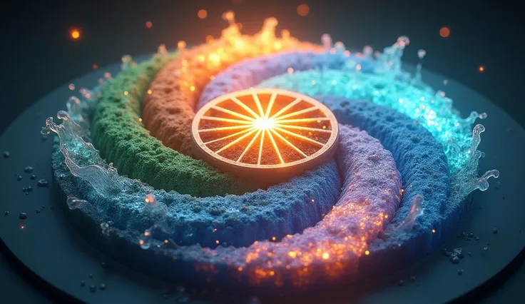 "Create a seamless, infinite loop animation of a 3D mandala representing the five elements: Earth, Water, Fire, Air, and Ether, viewed directly from the front (face me perspective). At the center, a geometric symbol of unity represents all elements, positi...