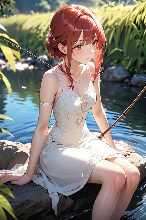 1 girl, (cute face), teenager, various hairstyles, (thoughtful expression), (gazing into the distance), small breasts, slim, (wearing fantasy game style dress), above knee length, (porcelain skin),  
BREAK  
Quiet lakeside, gentle ripples, (sitting on a ro...