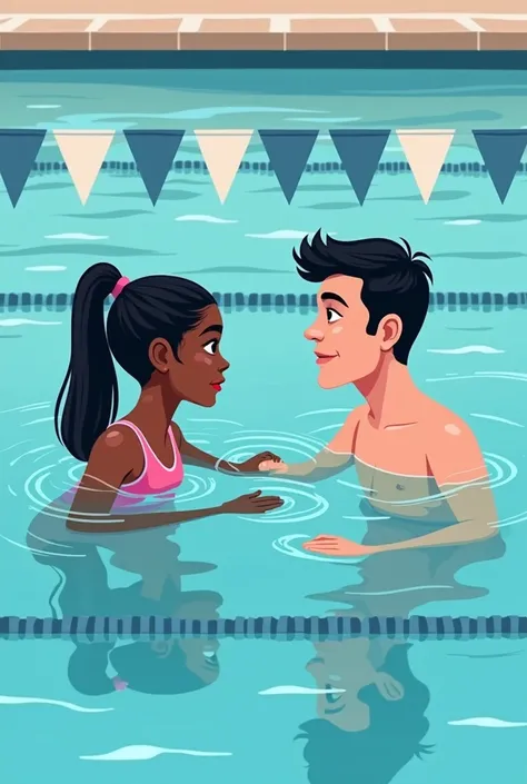 Generate illustration image of a cartoon of a male white-skinned swimming coach teacher he is teaching a teenage girl to swim with black skin long straight black hair they are both in a pool learning to swim