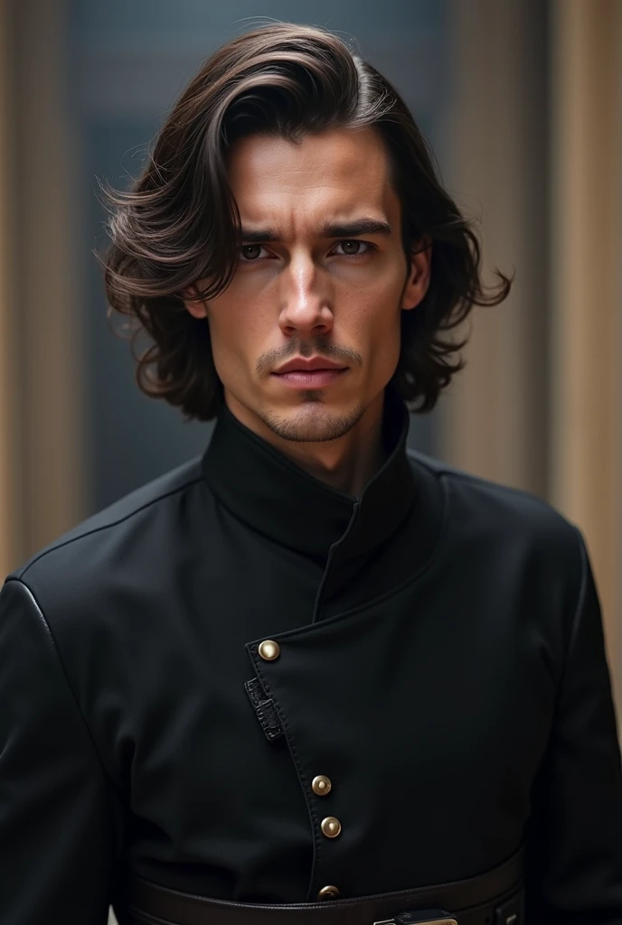 Create an image of a character with the following traits : Hes a man with a tall appearance fair skin Big hair with a charming haircut Dark clothing style from the movie Star Wars Light eyes actor inspiration (Adam driver)