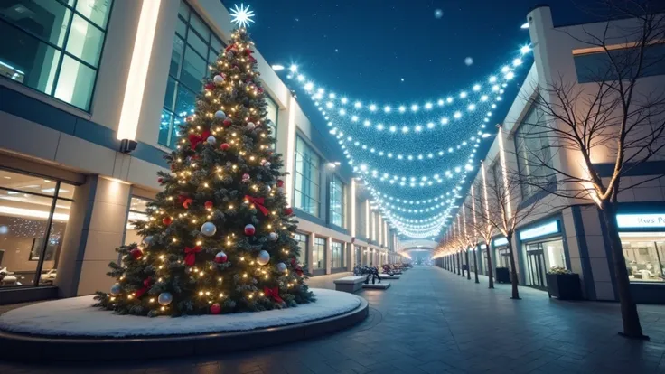 A stylish and elegant Christmas scene outside a modern train station, with a large, beautifully decorated Christmas tree standing prominently in the station’s plaza. The tree is adorned with sparkling lights, delicate ornaments, and ribbons, creating a fes...