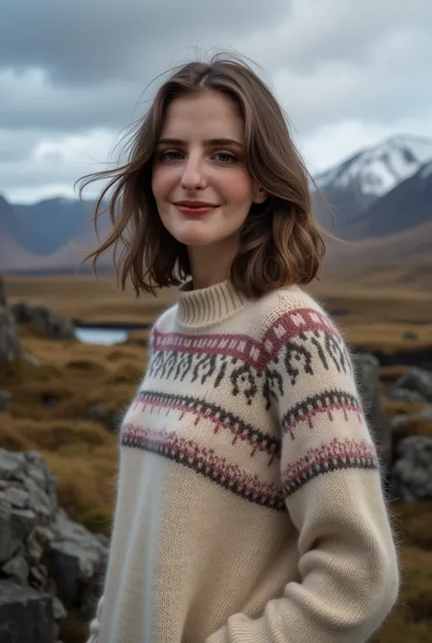 make her wear cotton sweater. details, make it realistic, icelandic scenery.