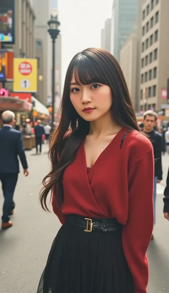  high definition ,masterpiece, top quality , very detailed,nsfw, 1 girl,city, street, turn your arms around your back ,  black skirt , Red coat,  gaze focus,