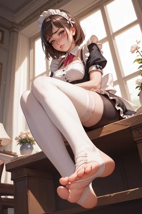 1 girl, maid, sitting, frilled socks, from below, soles, embarrassed, bike shorts, pouty lips, toeless legwear, cross-laced legwear, masterpiece, best quality, uncensored