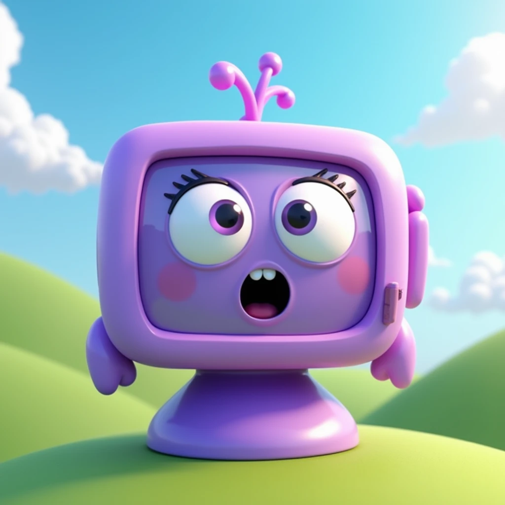 "Create a 3D animated character of a cute, cartoon-style purple microwave with a face on its glass door. The microwave has large, round googly eyes, a small black surprised mouth in an O shape, and a shiny purple surface. The character has arms that resemb...