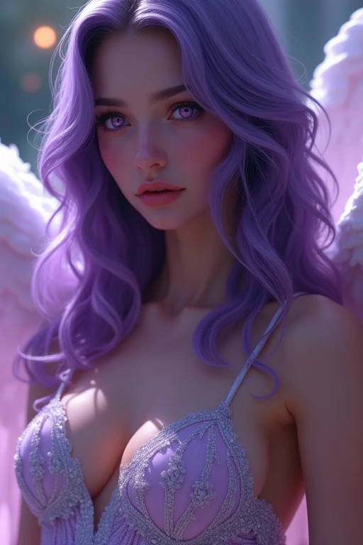 angel with wavy purple hair and slightly glowing purple eyes wearing a beautiful evening dress, hyperrealism, realistic lighting, ultra skin texsture, stable diffusion, perfect anatomy, crazy details, hyperrealism body, hyperrealism face, hyperrealism brea...