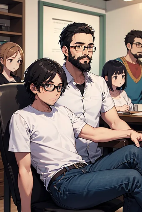 35-year-old Brazilian, intellectual type, thick beard
black hair, combed to the side, wearing glasses, no blazer, short-sleeved shirt. He is sitting with his slaves around him.