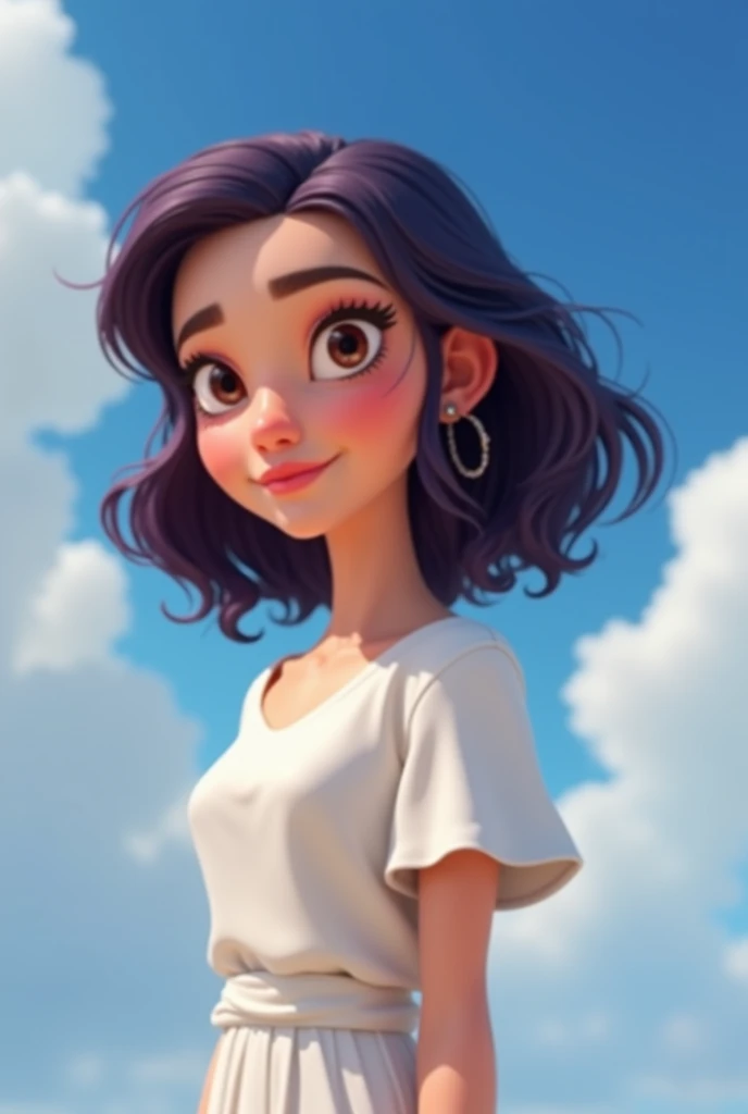  Pixar-like animation of a woman with very dark purple hair with dark reddish faces of white skin with a slightly yellow but very little shade ,  type of diamond face with his defined features thin eyebrows arched upwards small almond-shaped eyes Dark brow...