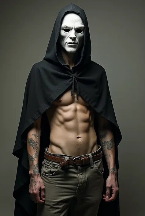 man in white mask,  which have no nose or mouth and only have one hole for each eye in the mask,  he wears a black cape with capus ,  he is thin and has a lot of scars on his body, He wears old pants and rags to cover injuries on his arms 