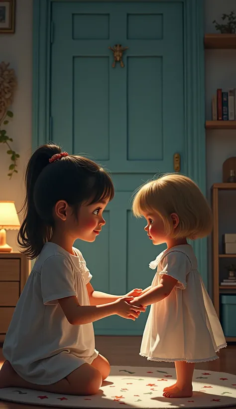  A girl plays with a doll in her room . Suddenly, the doll begins to move by itself ,  turning her head towards the girl while she continues to ignore it,  until the doll looks directly at it .
