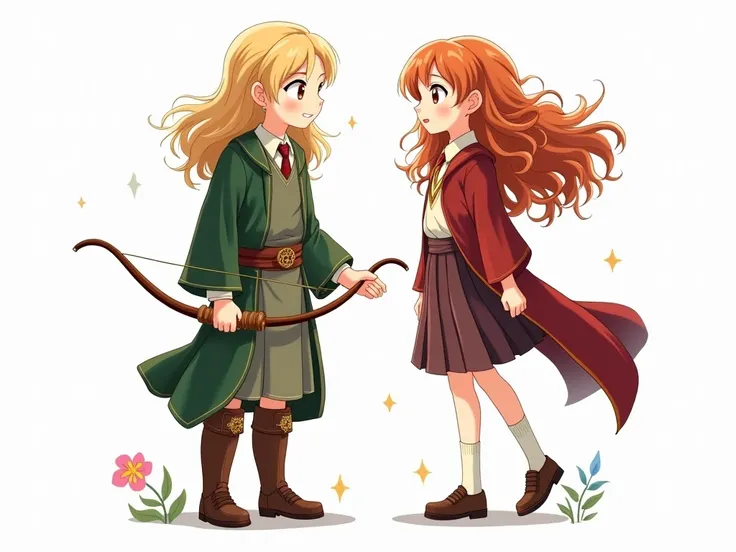 Hermione and Legolas as anime characters. Each is wearing their own traditional outfit. All white background.