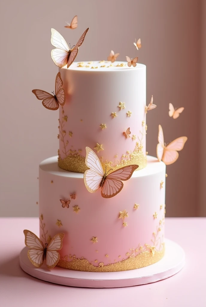 Two-story pink cake with butterflies on the sides, simple with golden touches and glitter on top 