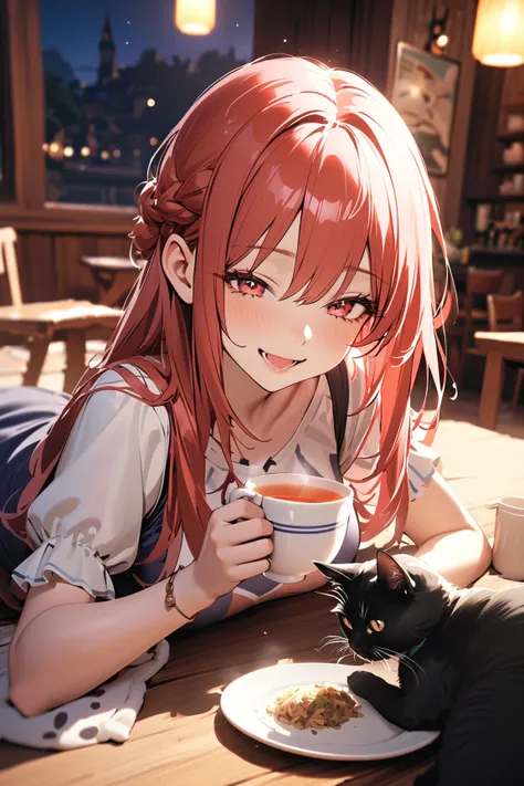 1 girl, (cute face), teenager, various hairstyles, (joyful expression), (laughing softly), large breasts, slim, (wearing fantasy game style tunic), short sleeve, (porcelain skin),  
BREAK  
Cozy café, wooden tables, (enjoying a cup of tea:1.2), a friendly ...