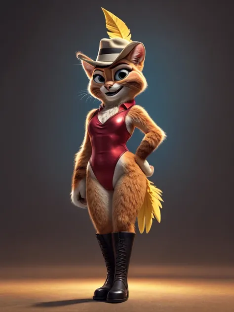 Puss in Boots, DreamWorks Animated, Leotard, ((Wearing a fedora hat with a yellow feather)), 3:1 Hip to leg ratio