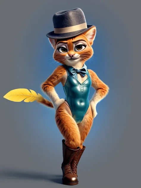 Puss in Boots, DreamWorks Animated, Leotard, ((Wearing a fedora hat with a yellow feather)), 3:1 Hip to leg ratio