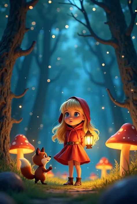 A vibrant Pixar-style illustration of a blonde girl with long hair and blue eyes, wearing a little red hood and a flowing dress. She stands in the middle of a magical forest, surrounded by glowing mushrooms and fireflies. Her expression is one of surprise ...