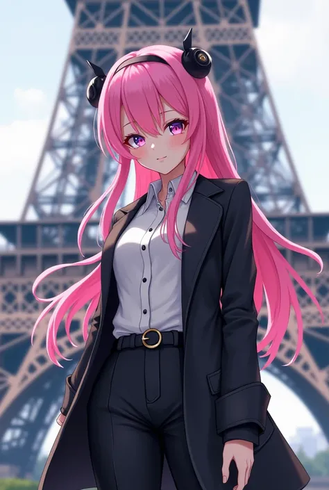 Boku Female Anime , long pink hair, left eye pink,  while the right one is blue, wearing a black jacket , and a white blouse and black pants , in the eiffel tower, modeling 