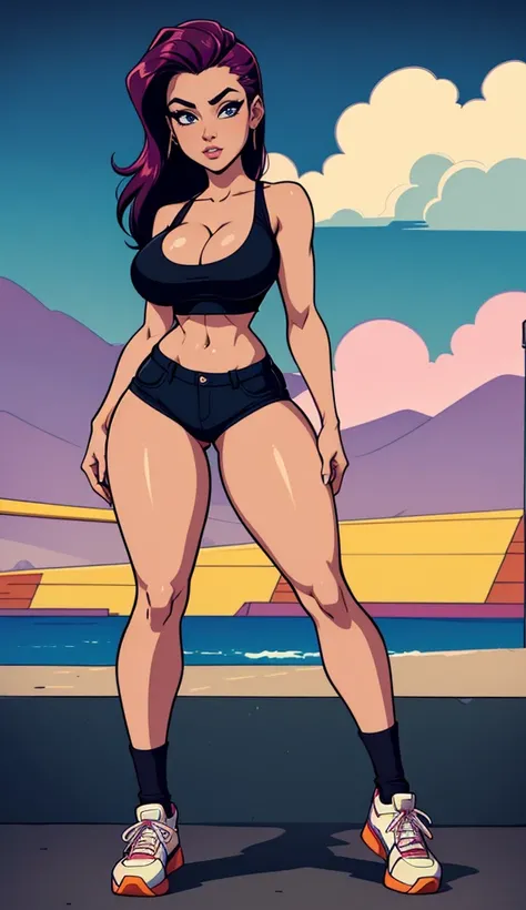 full body,80s Toyko LoFi aesthetics,lofi anime,age 25,Japan city,night,most insanely gorgeous Mexican female bombshell with a perfect hourglass figure body,extra wide hips,perfectly large breasts,perfect abs, perfect stomach,crop-top,mini short-shorts,low-...