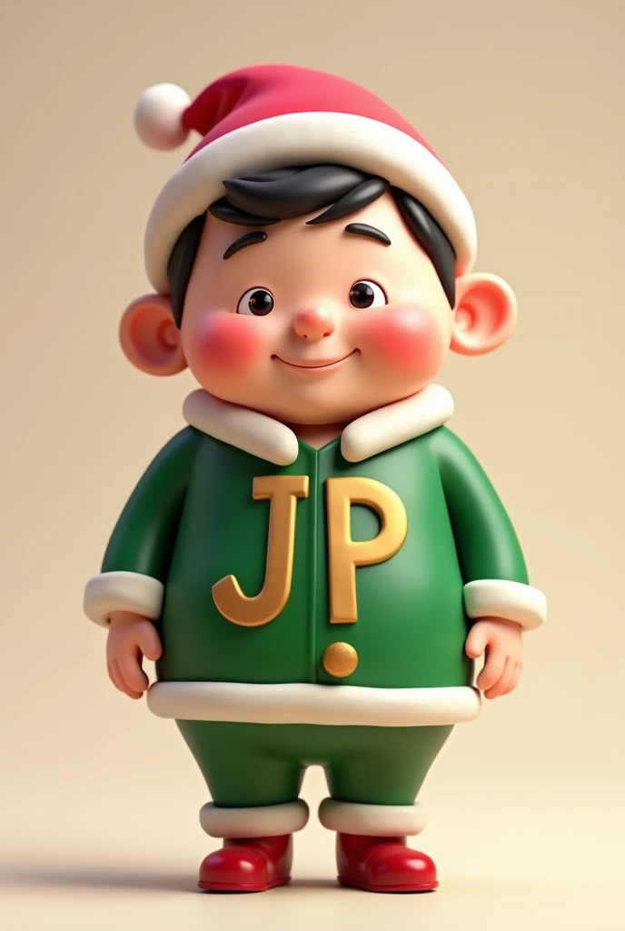 I want a cute male marketing manager with a little fat face and a cute cartoon 3D character. He should be wearing a Christmas costume including the gold English letter font "JP." The accessories on his body should match the style of his clothes.