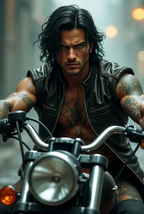 A male character with an intense look ,  with tattoos on his left arm and neck with long and slightly curly black hair with green eyes and with a leather jacket on a motorcycle 