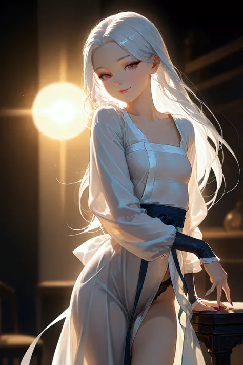 seductive_smile, white hair ,white hanfu, small breasts, long hair, loli, guofeng, chinese clothes, 1girl, solo,
realistic, nail polish, standing, from viewer,  cowboy shot, 
masterpiece, best quality, realistic, 8k, official art, cinematic light, ultra hi...