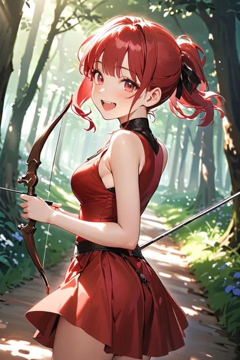 1 girl, (cute face), teenager, various hairstyles, (bright smile), (playful expression), medium breasts, slim, (wearing fantasy game style archer outfit), knee length, (porcelain skin),  
BREAK  
Forest clearing, dappled sunlight, (turning to look back:1.2...