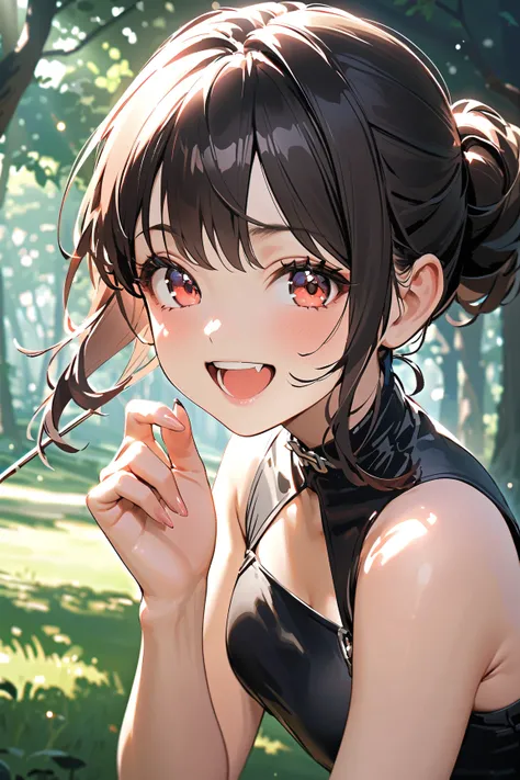 1 girl, (cute face), teenager, various hairstyles, (bright smile), (playful expression), medium breasts, slim, (wearing fantasy game style archer outfit), knee length, (porcelain skin),  
BREAK  
Forest clearing, dappled sunlight, (turning to look back:1.2...