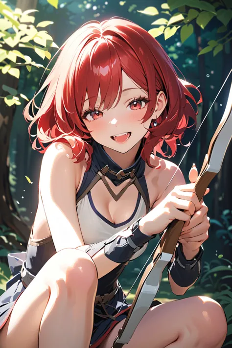 1 girl, (cute face), teenager, various hairstyles, (bright smile), (playful expression), medium breasts, slim, (wearing fantasy game style archer outfit), knee length, (porcelain skin),  
BREAK  
Forest clearing, dappled sunlight, (turning to look back:1.2...