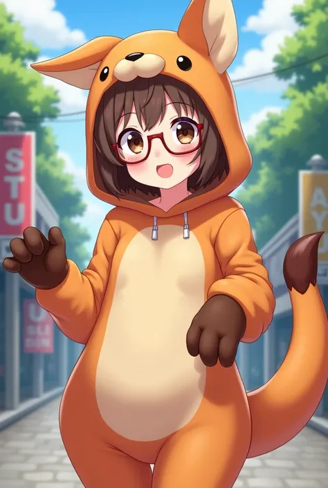  An anime girl with short hair ,  brown skin, with glasses, with a kangaroo costume and  