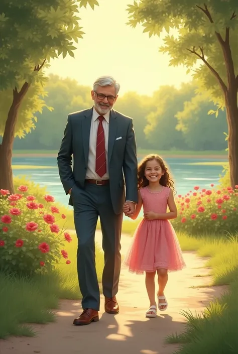 A man with his beautiful daughter walking together 